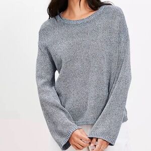 NWT Loft 100% Cotton Flare Sleeve Sweater M Navy/White Pointelle Knit